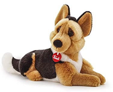Trudi 22324 Klassik Plüschtier Schäferhund Rusty ca. 35 cm lang, Größe M, hochwertiges Stofftier mit weichen Materialien und realistischen Details, waschbar, Kuscheltier für Kinder, Braun/Schwarz