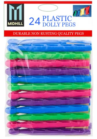MIDHILL Pack of 24 PCS Dolly Pegs for Washing Line Multi-Coloured Extra Strong Hanging Clothes Pegs Indoor Outdoor Washing Pegs in Assorted Coloured