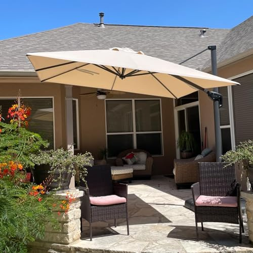 PURPLE LEAF 10 Feet Patio Umbrella with Base Outdoor Cantilever Square Umbrella Aluminum Offset Umbrella with 360-degree Rotation for Garden Deck Pool Patio, Beige