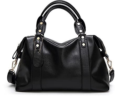 PORRASSO Fashion Handtasche Leder Damen Schultertasche Henkeltasche Umhängetaschen Arbeit Reise Verabredung Boston Tasche Schwarz