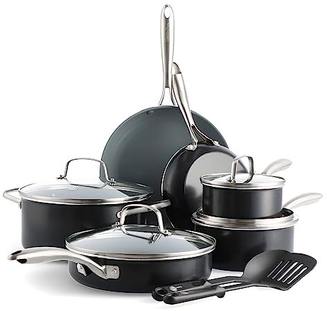 GreenPan 12 Piece Swift Ceramic Nonstick Cookware Set, PFAS-Free, Induction Ready, Hard Anodized Pots & Pans with Lids, Compatible on All Cooktops, Dishwasher & Oven Safe, Gray