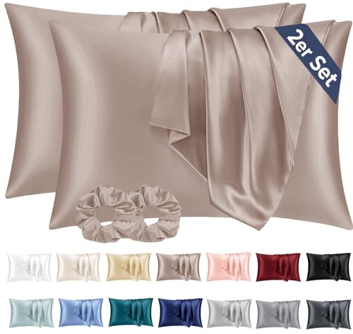 Vielit 2er Set Satin Kissenbezug 40 x 80 Braun, Weich wie Seidenkissenbezug 40x80,Bessere Pflege als Silk Pillosecase,Satin Kopfkissenbezug Kissenhülle für Haar und Haut mit 2 Haargummis