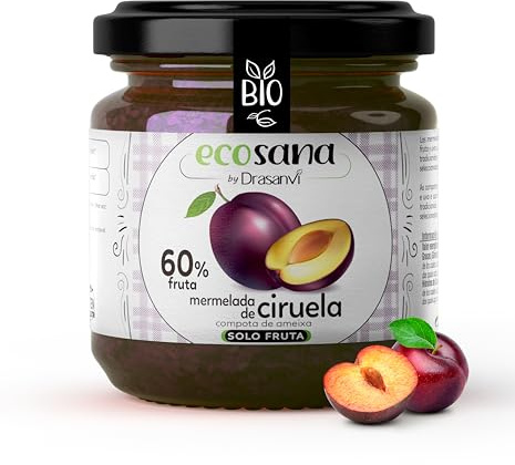ECOSANA MERMELADA EXTRA CIRUELA SIN AZÚCAR CERTIFICADO BIO by DRASANVI - VEGANO - SIN GLUTEN - 250g | Extra de Ciruela sin Azucar Anadido, Certificada BIO, Alto Contenido en Fruta, Ideal para el Desayuno, Vegana Diariamente