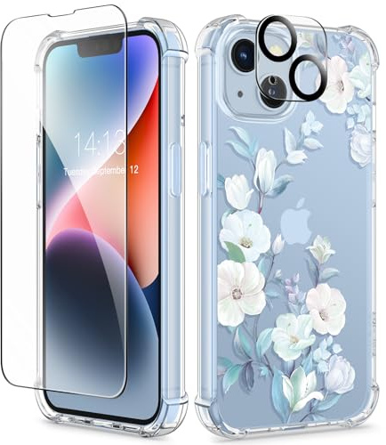 GVIEWIN Kompatibel mit iPhone 14 Hülle 6,1 Zoll 2022, mit Displayschutz Schutzfolie + Kamera Schutzfolie, Blume Klar TPU Dünne Stoßfest Kratzfestes Weiche Handyhülle Schutzhülle, Hibiskus | Dünne,Stoßfest,Kratzfestes,Fallschutz,Weiche Handyhülle Schutzhülle Frauen 2022,Hibiskus