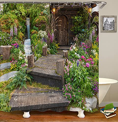 MMHJFANG Outdoor Shower Curtain Garden Flower and Stone Staircase, Bathroom Curtain Waterproof Bathtub Shower Curtain with 12 Hooks, Garden Curtain