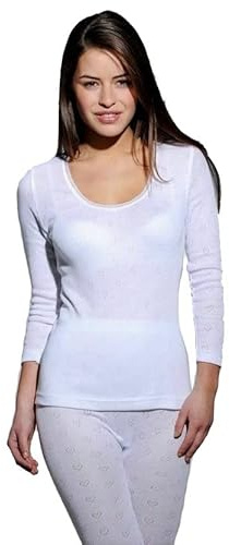 iTRONiK New Women's 100% Cotton Long Sleeve Thermal Spencer Underwear Round Neck Long Sleeved Vest T Shirt Tops White - Made in UK - Size S-3XL (L)