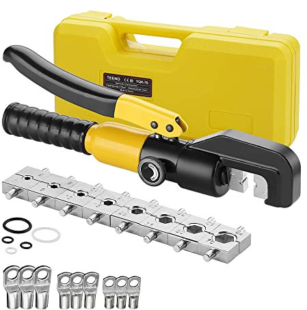 TEENO Hydraulische Crimpzange, Hydraulisch Presszange, Kabelschuhe Crimpzangen mit 9 Sechskant-Schneideisen und 9 Kabelschuhe, 4–70 mm² Kupfer und Aluminium-Kabelschuh Crimpwerkzeug-Set