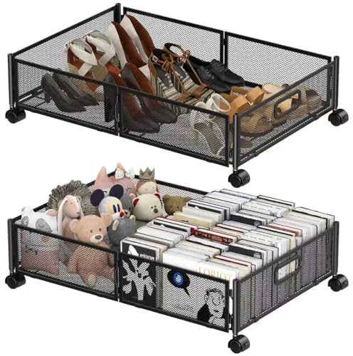 Under Bed Storage Containers,2 Pack Foldable Underbed Storage Containers with Handles and Wheels,Folding Bed Shoes Clothes Organizer,Easy Assembly Underbed Storage for Toy ,Bedding,Bedroom(Black)