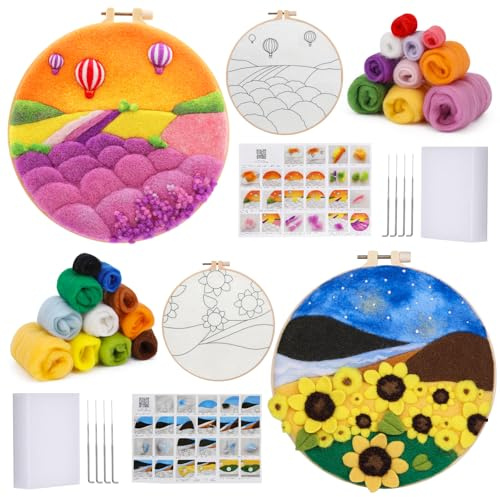 BUOKKON 2 Pack Nadelfilz Kit, Filzset für Anfänger mit Wolle Roving Bilderrahmen Filznadeln Anleitung, Nadelfilz Starter Kit für DIY Dekoration