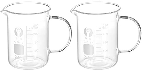 PATIKIL 2Pcs 250ml Glass Beaker with Handle, 3.3 Borosilicate Glass Graduated Printed Scale Measuring Cups with Spout for Kitchen Lab Liquids