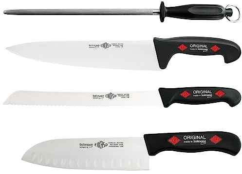EIKASO Solingen 4tlg Metzger/Schlachtmesser Set geeignet für Hobby und Profi, ergonomische Griffe, Molybdänstahl scharfe Klinge, Profi Messer Set, Kochmesser Santokumesser Brotmesser Wetzstahl