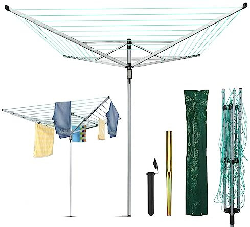 rightclick 60m Rotary Clothes Line Retractable 4 Arm Rotary Washing Line with Metal Ground Spike Free Cover Umbrella Design Lightweight & Portable Rotary Clothes Airer For Garden Patio Lawn