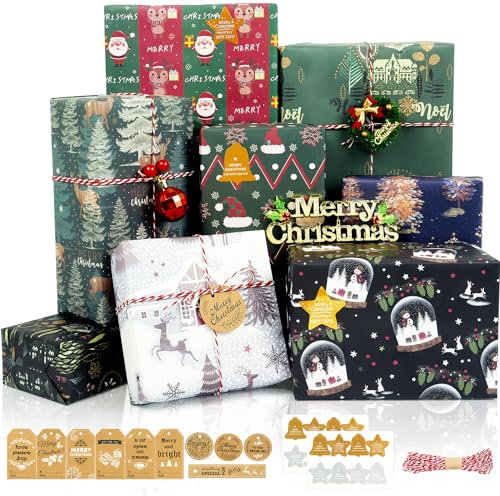 Geschenkpapier Weihnachten, 8 Blatt Recycling Papier Grün und Marineblau Weihnachtspapier Set mit Aufklebern Anhänger und Papierseil, Kraftpapier Geschenkverpackung für Weihnachten, 70x50CM
