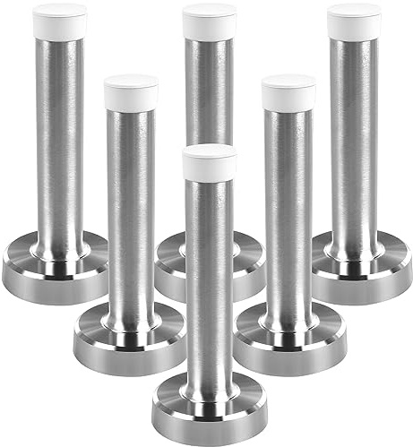 Door Stop - Chrome Door Stopper Heavy Duty Door Stoppers for Skirtings Wall Mounted Doorstops Stainless Steel Door Stops Indoors Self Adhesive Doorstop with White Rubber, 6 Pack 9.5cm