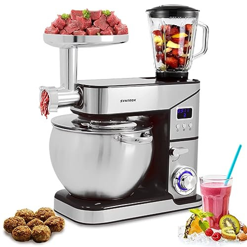 Syntrox Küchenmaschine Schwarz Edelstahl 10 Liter Küchengerät & Fleischwolf, Leistungsstarke Rührmaschine, 2000W