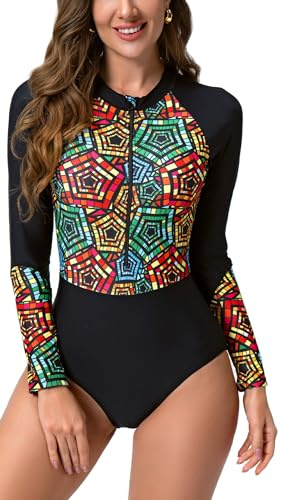 FEOYA Women's Long Sleeve 1 One Piece Swimsuit Triangle Zip Front Swimsuit Rash Guard Floral Diving Swimming Costume Printed Bathing Surfing Suit Shorty UV Sun Protection Swimwear Beach Black M