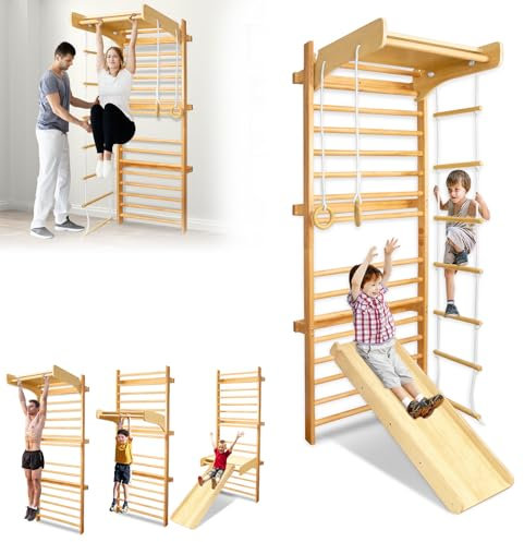 TWOLIIN Multifunktionale Sprossenwand für Kinder und Erwachsene, Klettergerüst Indoor aus Holz, Bis 100kg, mit Strickleiter, Kletterleiter, Turnringe und Spielhaus, Fitnessgeräte für Zuhause