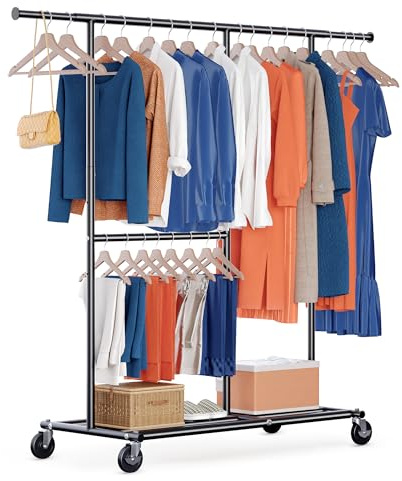 HOKEEPER Tringle à vêtements robuste sur roulettes - Charge maximale : 150 kg - Avec étagères de suspension - Pour chambre à coucher, bureau, magasin - Acier chromé - Noir