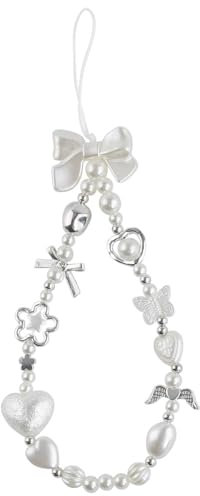 RUIYDZ Weiß Schlüsselanhänger Damen Handykette Perlen Bow Charms Anhänger Schlüsselring Handyanhänger Taschenanhänger Schlüsselringe Handy Anhänger White Pearl Keychain Cute Phone Charm Accessoires