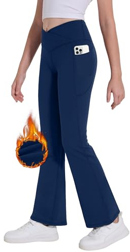 Desol termo korsdesign, utsvängda byxor för flickor med fickor för tonåringar, elastiska utsvängda leggings för sport och yoga, sportbyxor, idealiska träningsbyxor och joggingbyxor, blå, 11-12 år