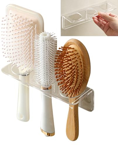 2Pcs Self-Adhesive Acrylic Hair Brush Holder, Wall Mounted Hair Comb Organizer, No Nails/Drilling White Acrylic Hot Tool Holder, Bathroom Accessories for Hair Brush, Curling Wand, Hair Straighteners