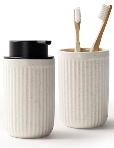 BosilunLife Seifenspender Keramik, 350ml Spülmittelspender Nachfüllbar, mit Zahnbürstenhalter, Großer Pumpenkopf für Leichtes Pressen, für Küche, Bad, Arbeitsplatte (Beige, Schaumseifenspender)