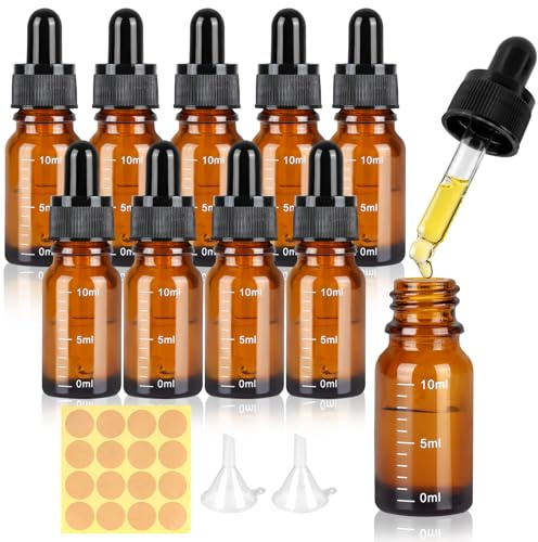 Xishoyen 10 Stück Pipettenflasche 10ml, Brown Flasche mit Pipette, Glas Tropfflasche mit Skala, Kleine Apothekerflasche Inkl Trichter und Aufkleber für Ätherische Öle, Parfünöle
