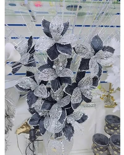 JAYOGLA New Silver and Black Artificial Glitter Flower Bouquet, Silk Flowers, Sparkly Home Décor Arrangement 35cm