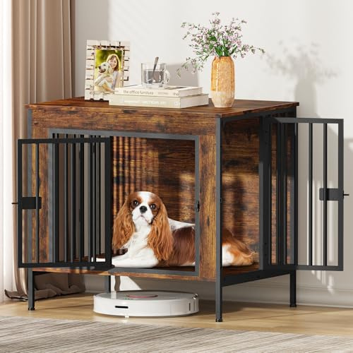 EasyCom 28.15 Dog Crate Furniture for 1 or 2 Dogs, Brown (DC102) | Fits Dogs 0–20 lbs, Heavy Duty Indoor Kennel, Works as TV Stand for Small Pets