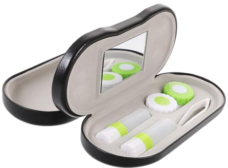 OUNONA 2 in 1 Double Use Eyeglass and Vision Care Lens Case with Storage Compartments and Built-in Mirror for Home and Travel Black
