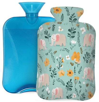 Hot Water Bottle with Soft Cover, Cartoon Elephant Illustration 2L Hot and Cold Water Bag for Hand Feet Warmer, Shoulder Pain Relief,Menstrual Cramps