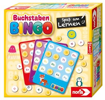 noris Buchstaben Bingo – Kinderleicht das ABC Lernen, mit 6 Bingo-Tafeln, 26 Buchstaben-Scheiben, 69 Chips, Stoffbeutel und Anleitung in 4 Sprachen, Lernspiel ab 4 Jahren