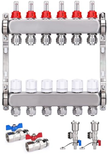 Edelstahl Heizkreisverteiler inkl. Eurokonus 3/4'' (20 x 2 mm) [6 Fach, Entlüfter 1/2, Kugelhähne 1] Fußbodenheizung Verteiler mit Durchflussanzeiger (0.5-5 L/Min)