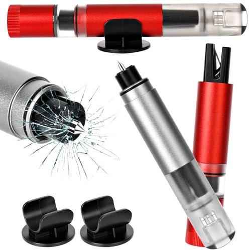 2 Pièces Brise Vitre Coupe Ceinture, 4-en-1 Marteau Brise Vitre Voiture avec Coupe Ceinture, Lampe de Poche d'urgence, Sifflet de Survie, pour Sauvetage d'urgence et L'évasion d'urgence (Rouge + Noir)