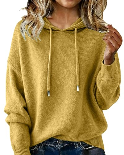 Generisch Pull pour femme en laine mérinos 100 % laine pour l'automne et l'hiver Sweat à capuche décontracté à manches longues Pull en tricot uni doux et chaud durable Mode quotidienne, jaune, L
