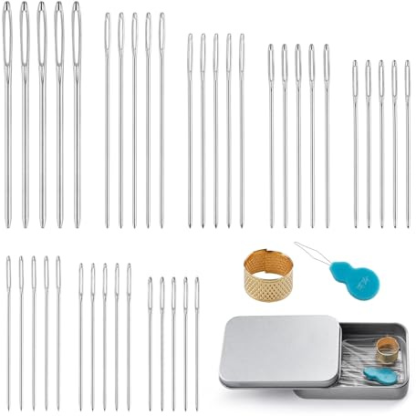 Benlay Pack of 40 Sticknadeln Stumpf (Embroidery Needles Blunt) – Näh Nadeln mit Großem Ohr, Stainless Steel Sticknadel mit Nadel Fädeln, Wollnadel für Stricken & Nähen (Silver, 8 Größen)