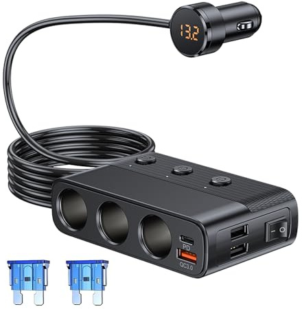 Adaptateur répartiteur de prise allume-cigare 127 W à 3 prises/USB QC 3.0/PD/double USB, 12 V/24 V avec interrupteur individuel et voltmètre LED pour GPS/caméra embarquée/téléphone