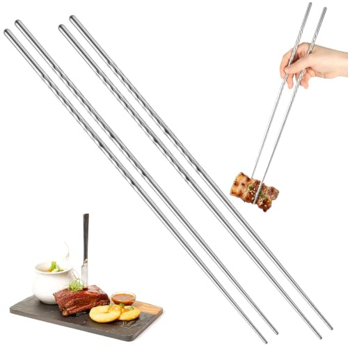 2 Pairs 15.3 Inch Cooking Chopsticks Extra Long Reusable Stainless Steel Chopsticks with Non Slip Threaded for Hot Pot, Noodle, Cooking, Frying (Silver)