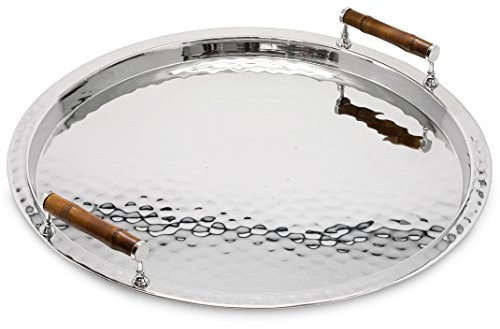 EDZARD Plateau de Service Hugo en Acier Inoxydable avec poignées en Bambou, Rond, diamètre 55 cm