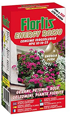 Concime in Polvere Solubile per Gerani, Surfinie, Potunie, Rose, Gelsomini e Piante Fiorite da 1kg Energy rosso fino a 500 LT di Acqua ad alto contenuto di Potassio
