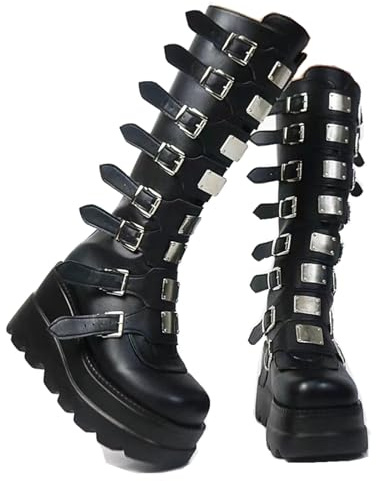 Gothniero High Platform Knee Boots Chunky Heel Wedge Black Boots For Women Combat Goth Punk Motorcycle Booties Zip up With Metal Buckles Size5-11