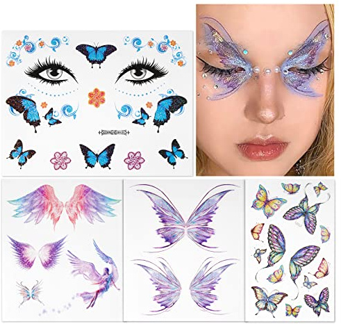 BETESSIN 4 Temporäre Tattoos Schmetterling Glitzer Tattoo Gesicht Körper Aufkleber Wassertransfer Engelsflügel Tattoos Wasserdicht Sticker für Musikfestival Ball Party Cosplay