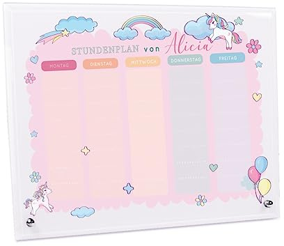 minimutz Stundenplan Kinder - abwischbar und wiederverwendbar - Wochenplaner Glas Einhorn Regenbogen Sterne Mädchen - Geschenk 1. Klasse Einschulung Schulanfang