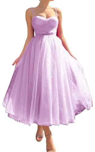 HPPEE Tea Length Prom Dresses for Teens Spaghetti Strap Tulle Formal Evening Dress 2024 Plus Size Corset Ball Gown UK26 Lilac