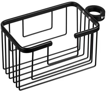 TATAY Duschkorb mit Stange | Feuchtigkeits- & Korrosionsbeständig | Belastbar bis 3 kg | Einfache Montage Ohne Bohren | Duschkorb zum Aufhängen mit Effizienter Entwässerung | 12,5x11,5x24 cm – Schwarz