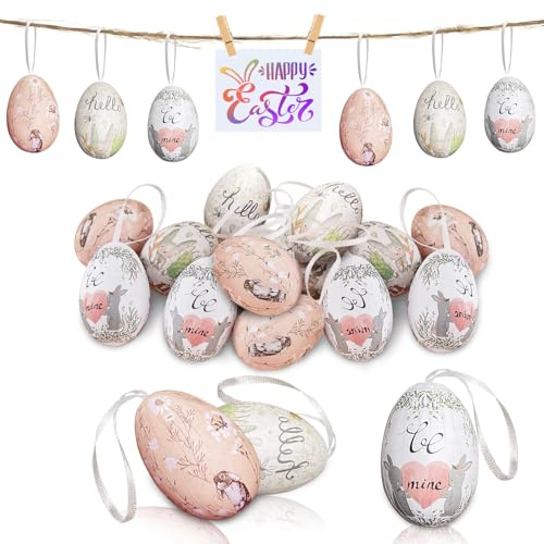 24 Stück Ostereier zum Aufhängen, Deko Ostereier, Osterdeko zum Befüllen, Osterdekoration aus Kunststoff in Tollen Farben, Ostern Eier Anhänger, Frühlingsdeko Vintage Muster mit Hasen und Blumen (B)
