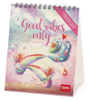Legami - 2026 Table Calendar, Good Vibes Only, Desk Calendar, 12 Months and Yearly Planner, in 6 Languages, Zodiac Signs, International Holidays, 12 x 14.5 cm