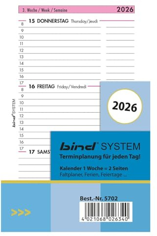 BIND B570226 Kalendereinlage für Wochenkalender A7, Timer Einlage Jahr 2026, 1 Woche / 2 Seiten, Terminkalender mit System, Kalendarium für bind Systemplaner und Standard Timeplaner