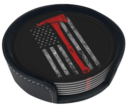 WKSGDSG Leather Coasters Set Of 6, Heat-Resistant Pu Leather Drink Coasters, Non-Slip Beverage Pads For Table Desk, Axe Red Line Flag, Round Coaster Set For Home Office Dining, With Storage Box