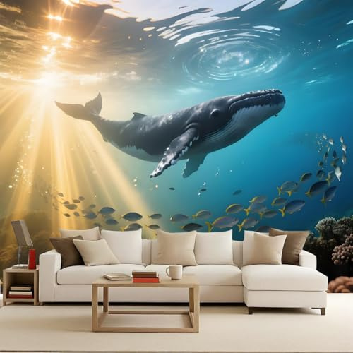 Vlies Fototapete 300x210 cm Wale Tiere Meer Fische Landschaft 3D Effekt Mustertapete Matt Vliestapete Wasserdicht Wandtapete Tapete Geeignet für Schlafzimmer Kinderzimmer Wohnzimmer Wand Deko